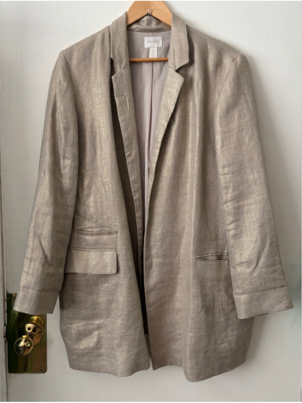 Chico’s khaki linen blzr w gold threads WM 3 (XL 16) oversize preppy classic